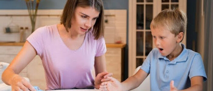 Parent teaching a child about safety through calm, hands-on play at home