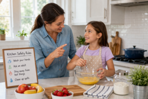 parent teaching kitchen safety rules to child at home
