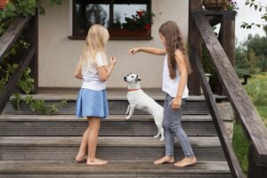 girls playing with dog